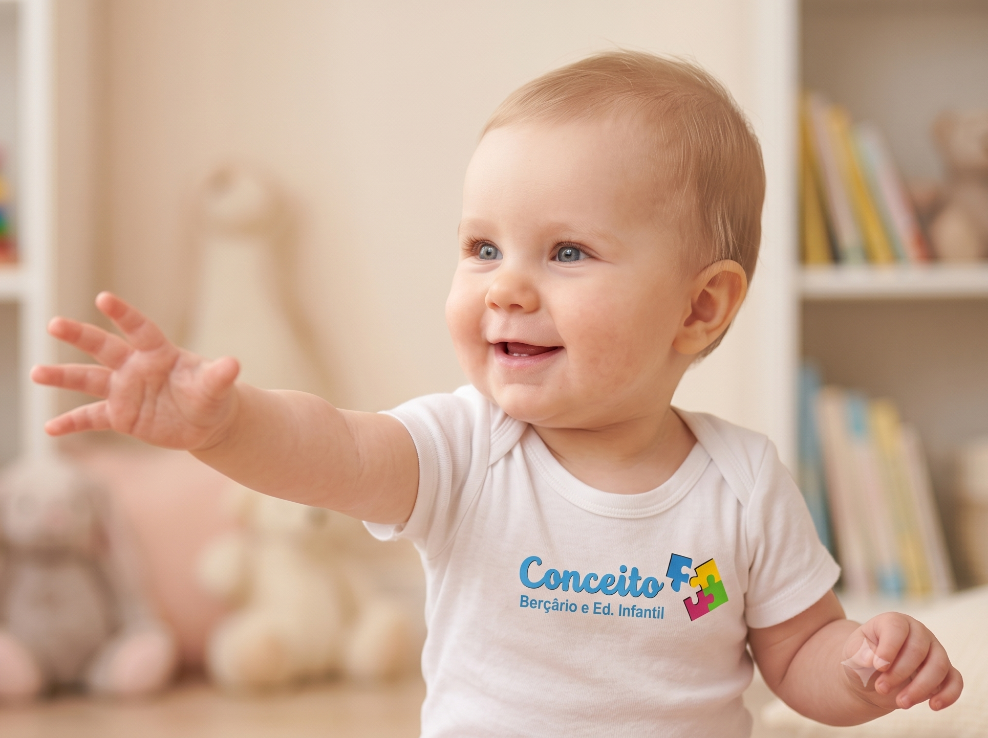 Bebê sorrindo com body do Berçário Conceito